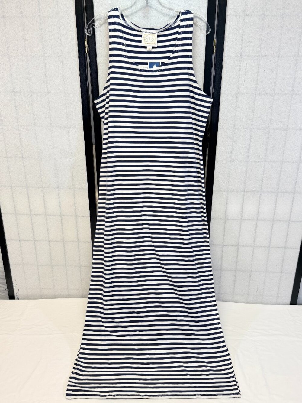 Sail to Sable Navy White Stripe Tank Maxi Dress L NEW Side Slit Coastal Ocean